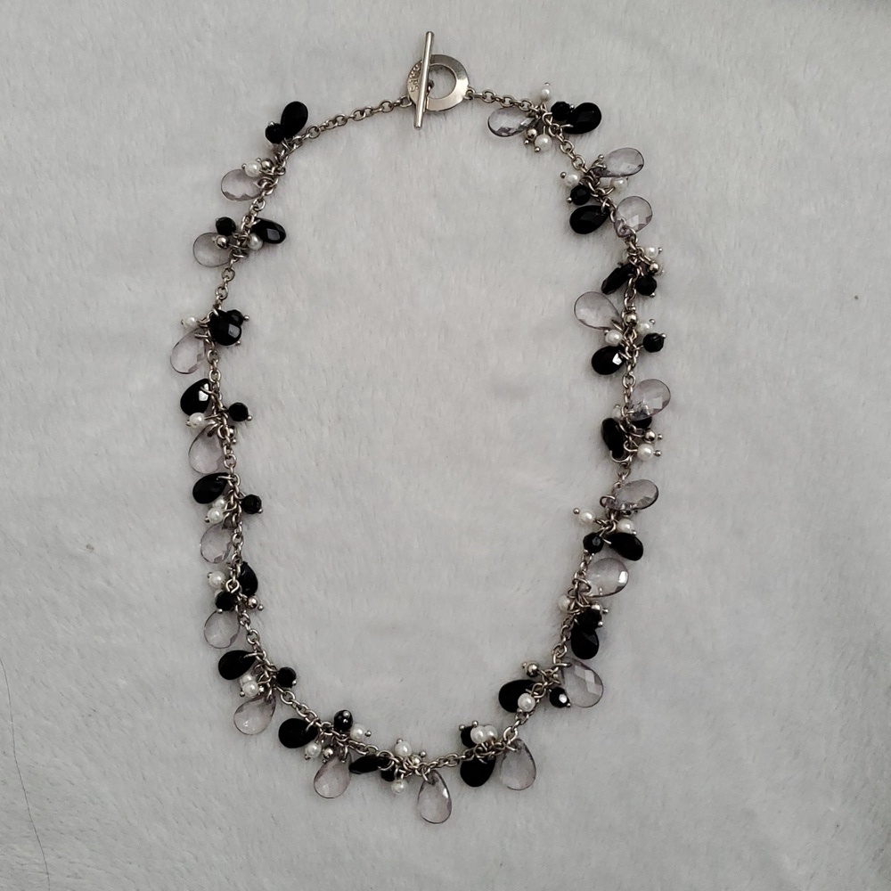 Chaps Black & White Beaded Dangle Necklace